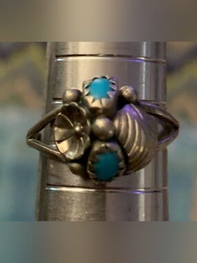 Vintage Navajo Turquoise Squash Blossom Ring F Hallmark